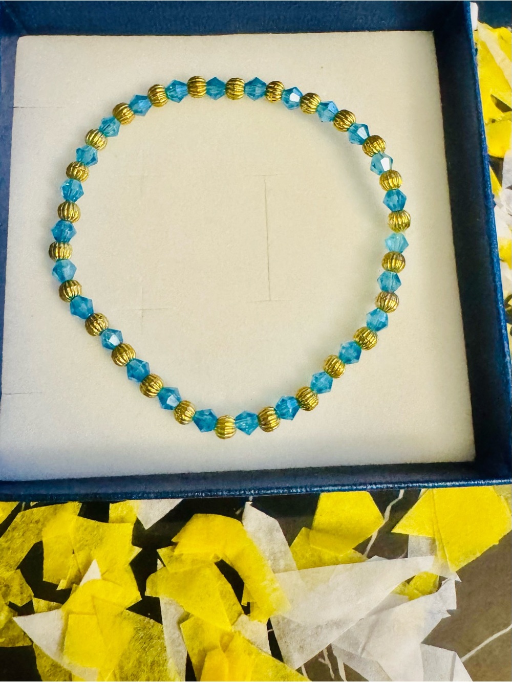 Blue Crystal and Gold Bead Stretch Necklace - Women's Jewelry